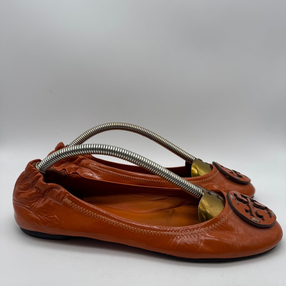 Tory Burch Reva Orange Leather Ballet Flats Logo Medallion Size 8M A788‎